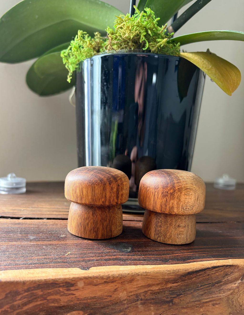 Jatoba Wood Mushrooms – Hand Turned Exotic Hardwood Decor – Set of 2 Natural Wood Sculptures