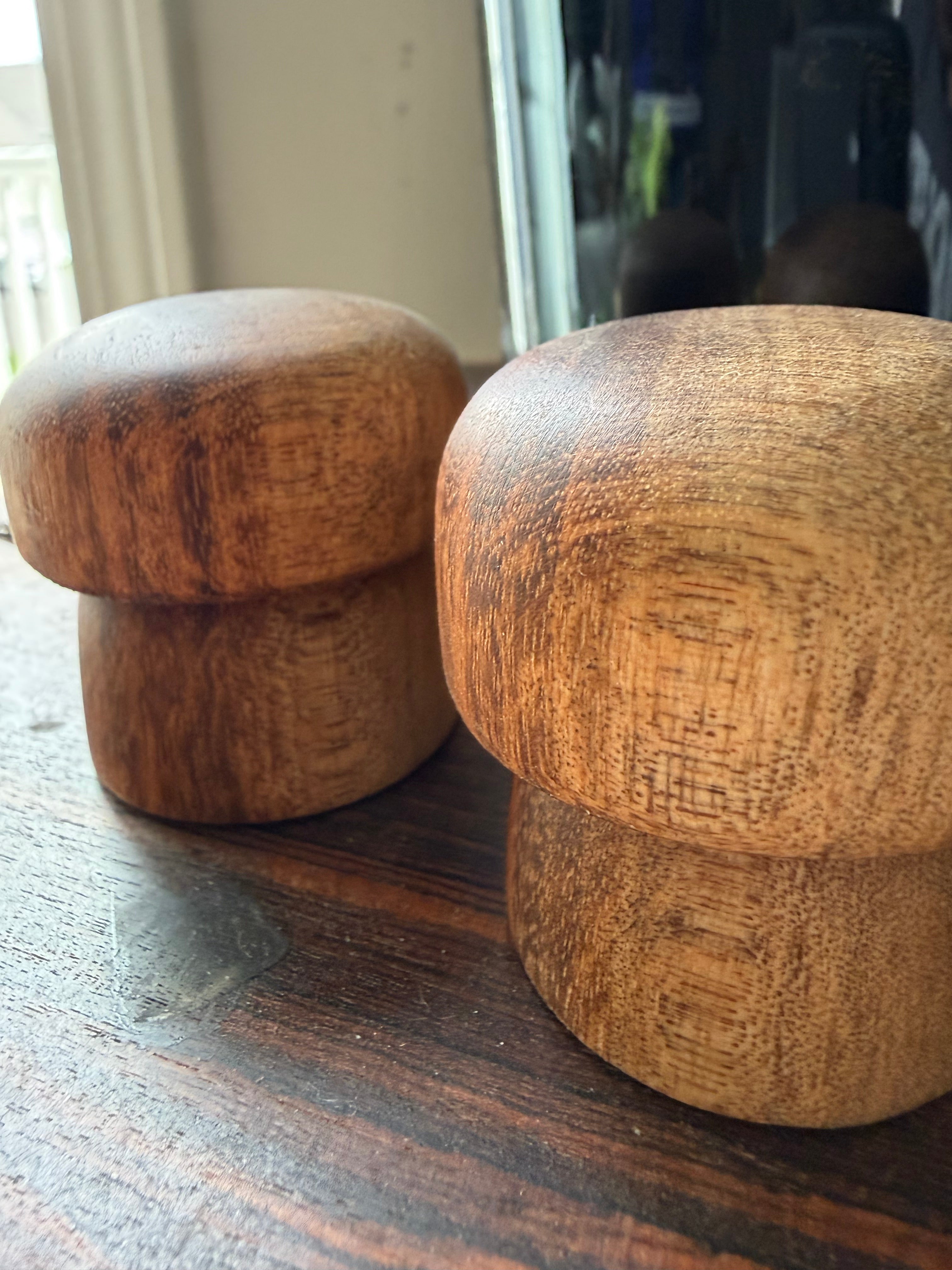 Jatoba Wood Mushrooms – Hand Turned Exotic Hardwood Decor – Set of 2 Natural Wood Sculptures