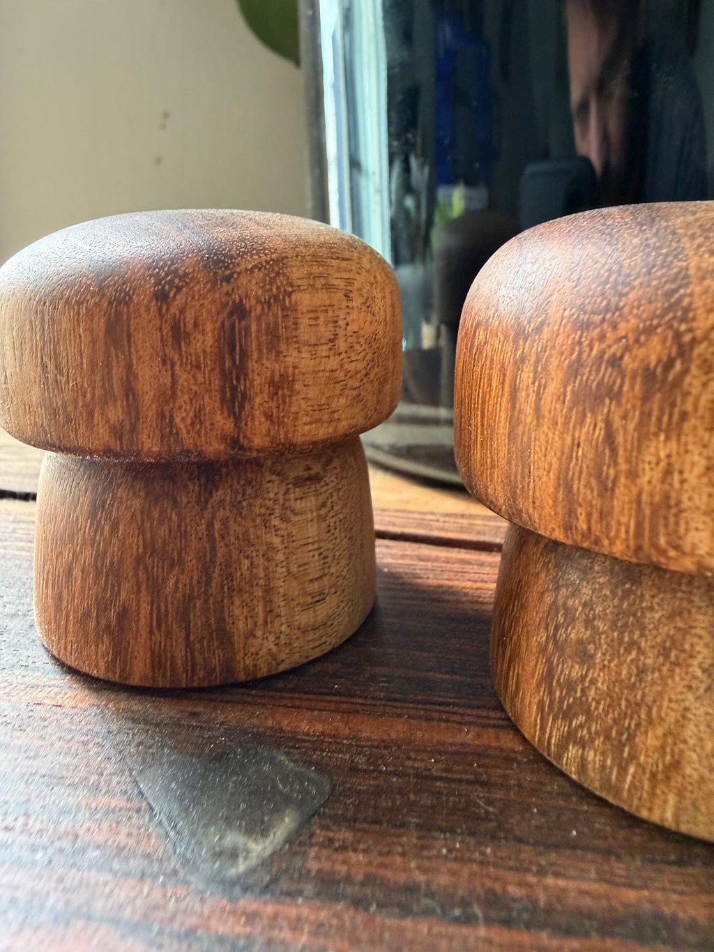 Jatoba Wood Mushrooms – Hand Turned Exotic Hardwood Decor – Set of 2 Natural Wood Sculptures