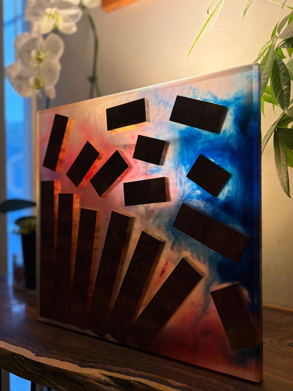 Handmade Epoxy Resin Canary Wood Wall Art – Falling Timber Abstract Decor
