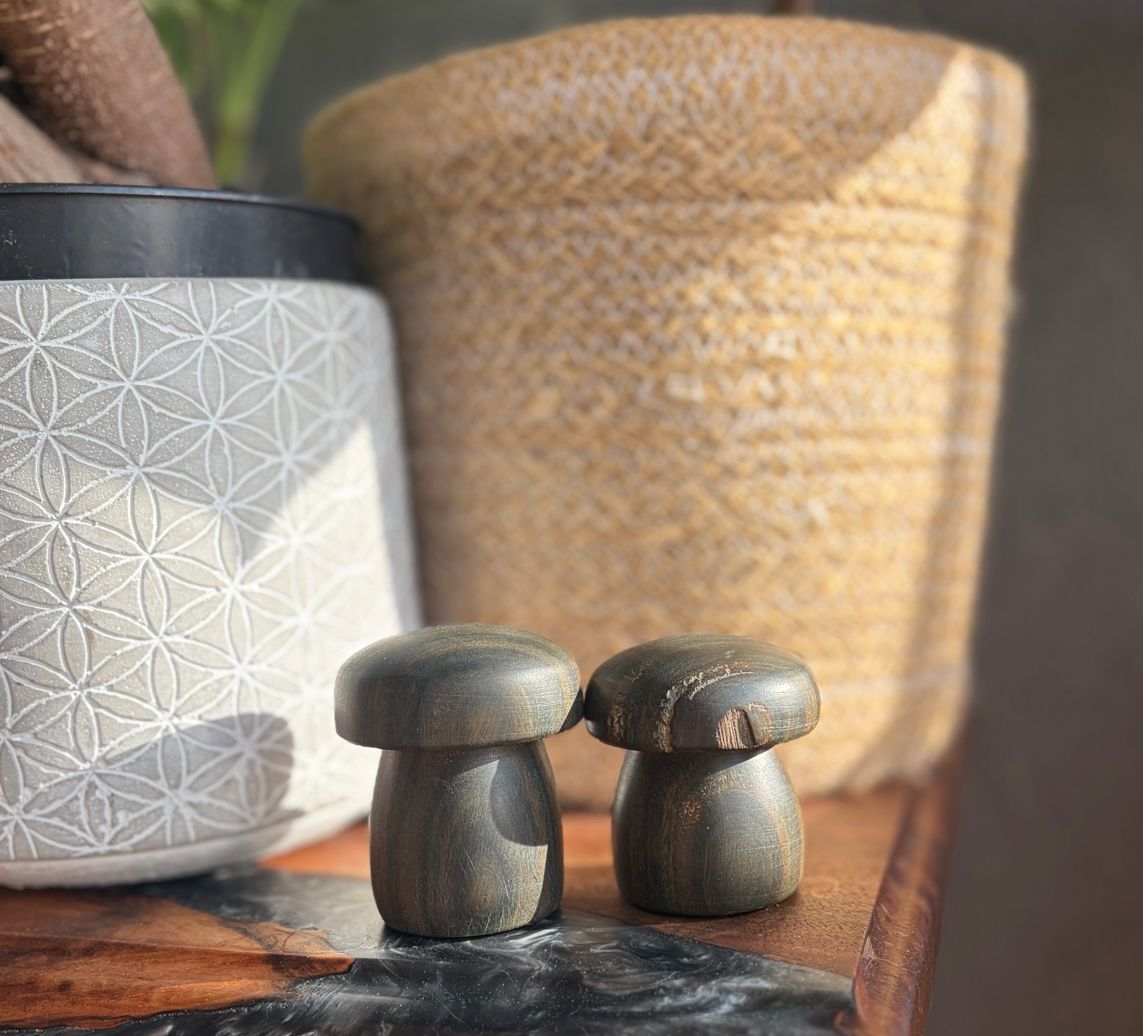 Handturned Lignum Vitae Wood Mushroom Set – Handmade Woodland Decor (Set of 2)