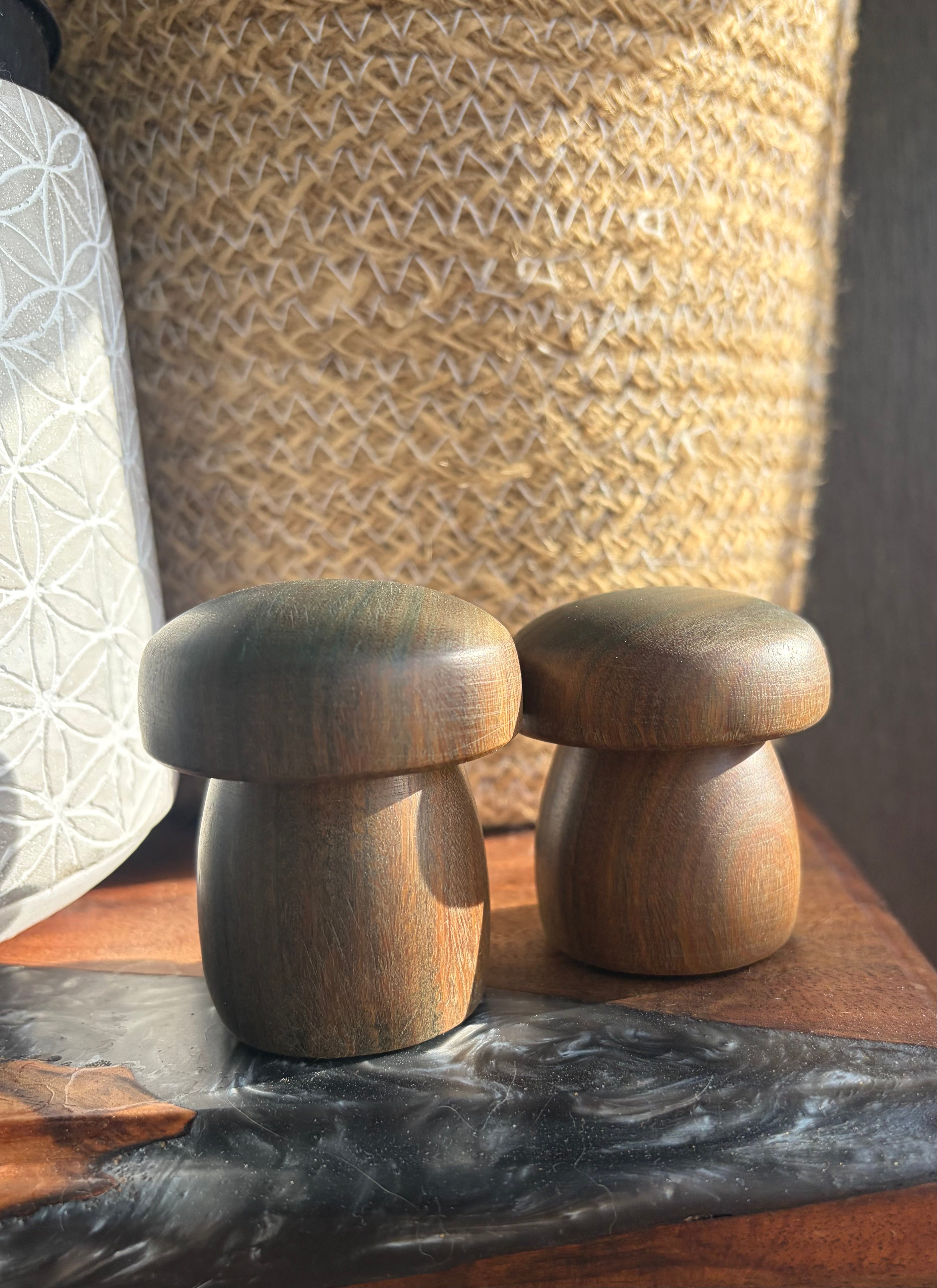Handturned Lignum Vitae Wood Mushroom Set – Handmade Woodland Decor (Set of 2)