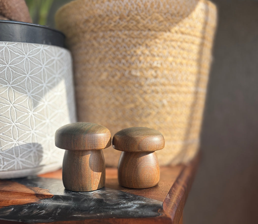 Handturned Lignum Vitae Wood Mushroom Set – Handmade Woodland Decor (Set of 2)