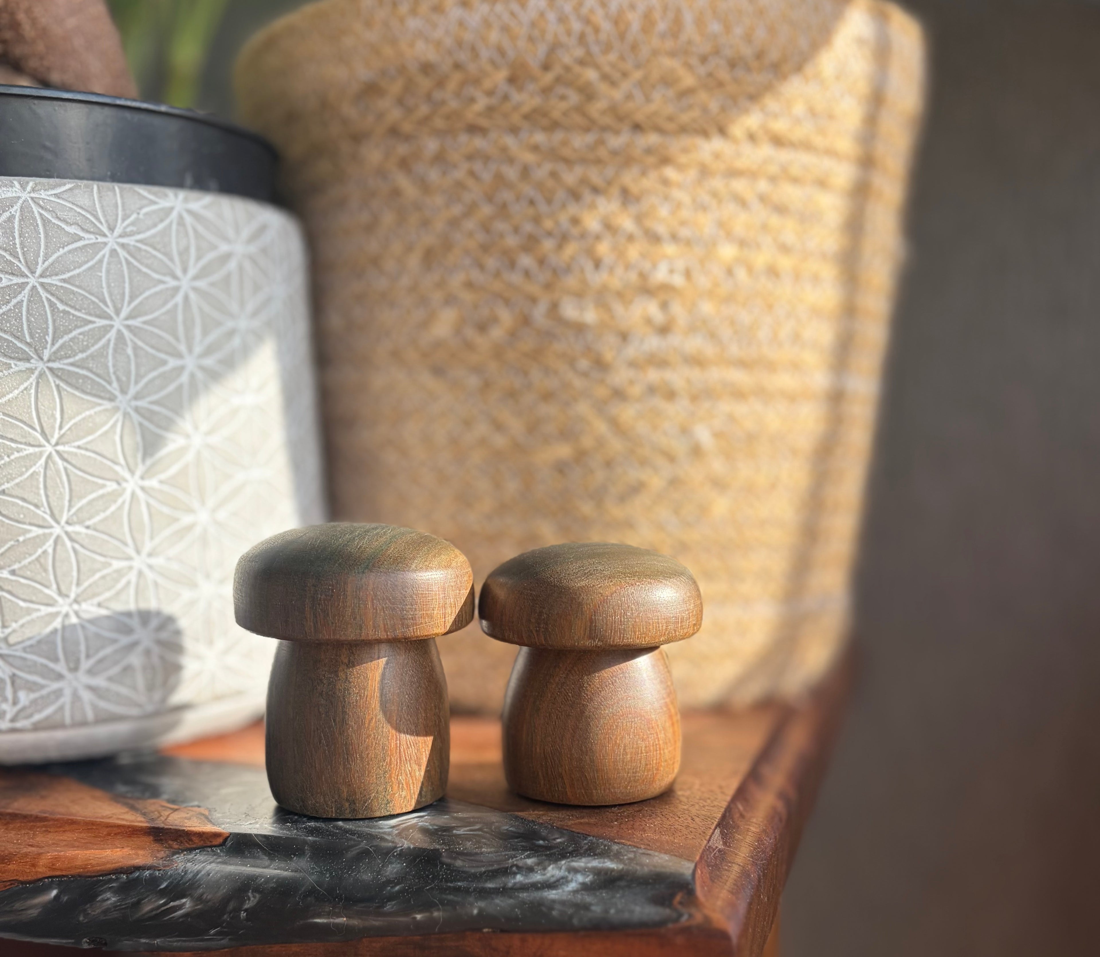 Handturned Lignum Vitae Wood Mushroom Set – Handmade Woodland Decor (Set of 2)