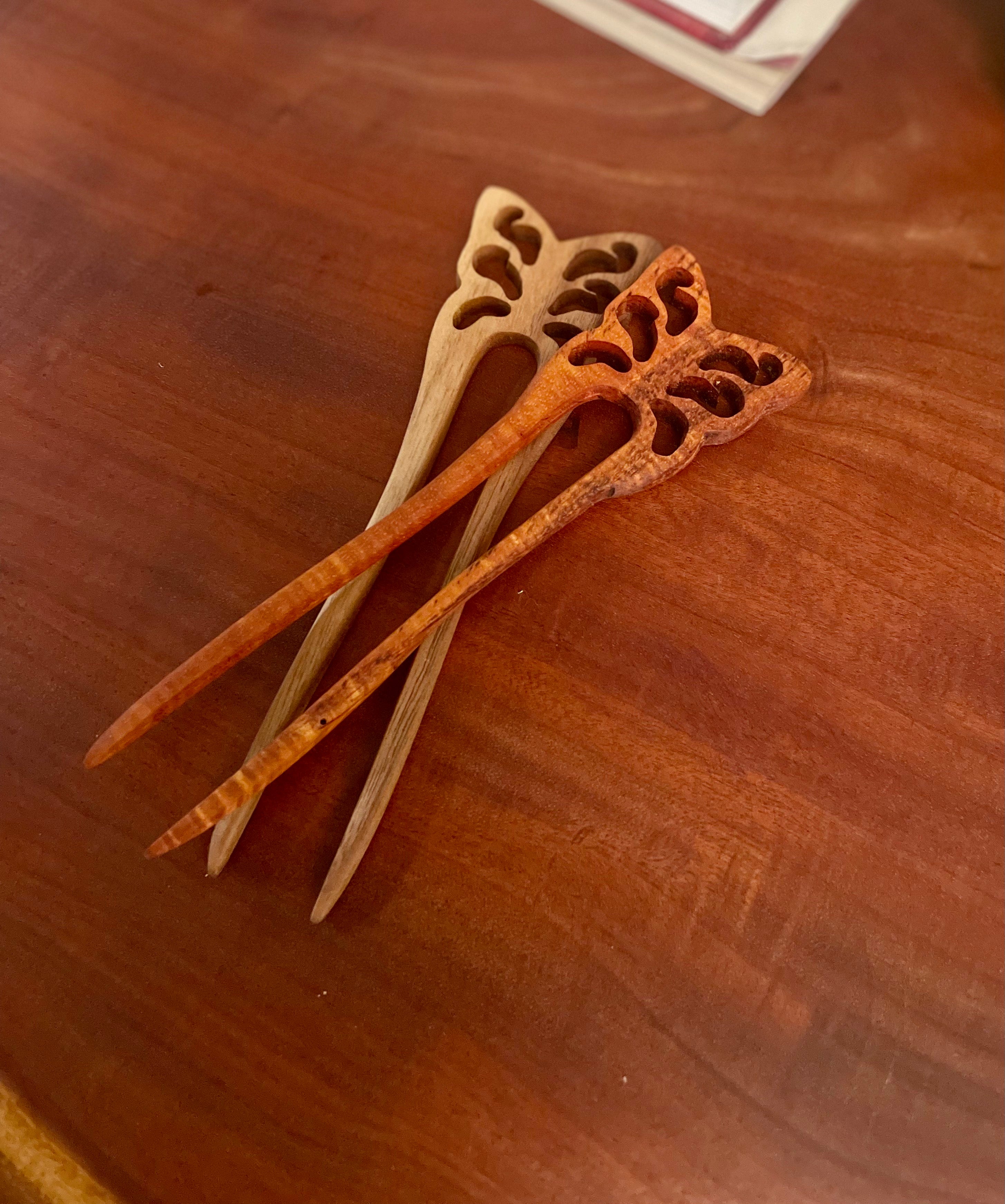 Handcrafted Hawaiian Koa Wood Hair Fork – Celtic Knot, Butterfly & Lorien Leaf Designs