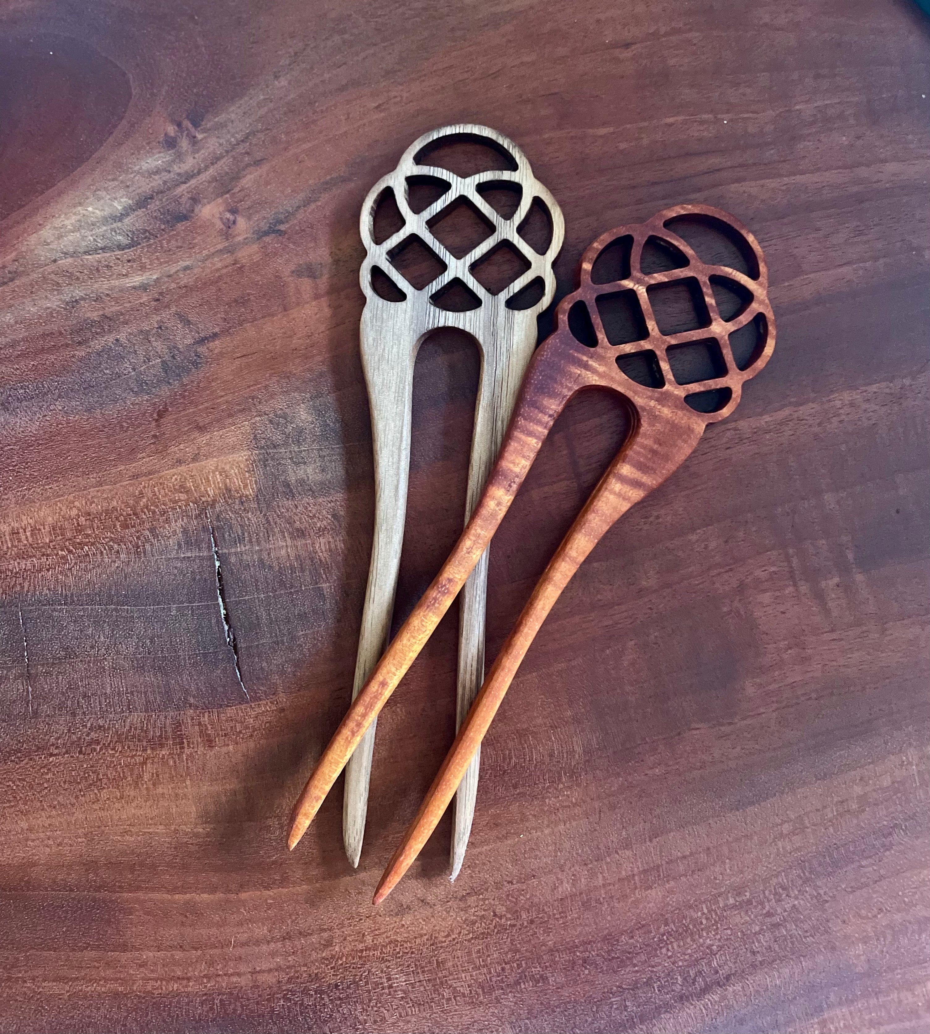 Handcrafted Hawaiian Koa Wood Hair Fork – Celtic Knot, Butterfly & Lorien Leaf Designs