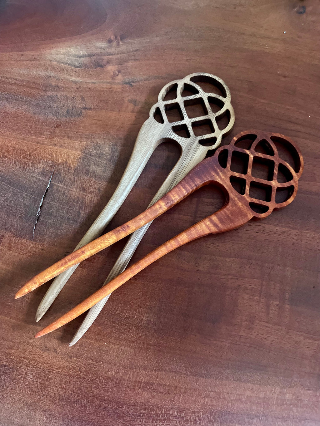 Handcrafted Hawaiian Koa Wood Hair Fork – Celtic Knot, Butterfly & Lorien Leaf Designs