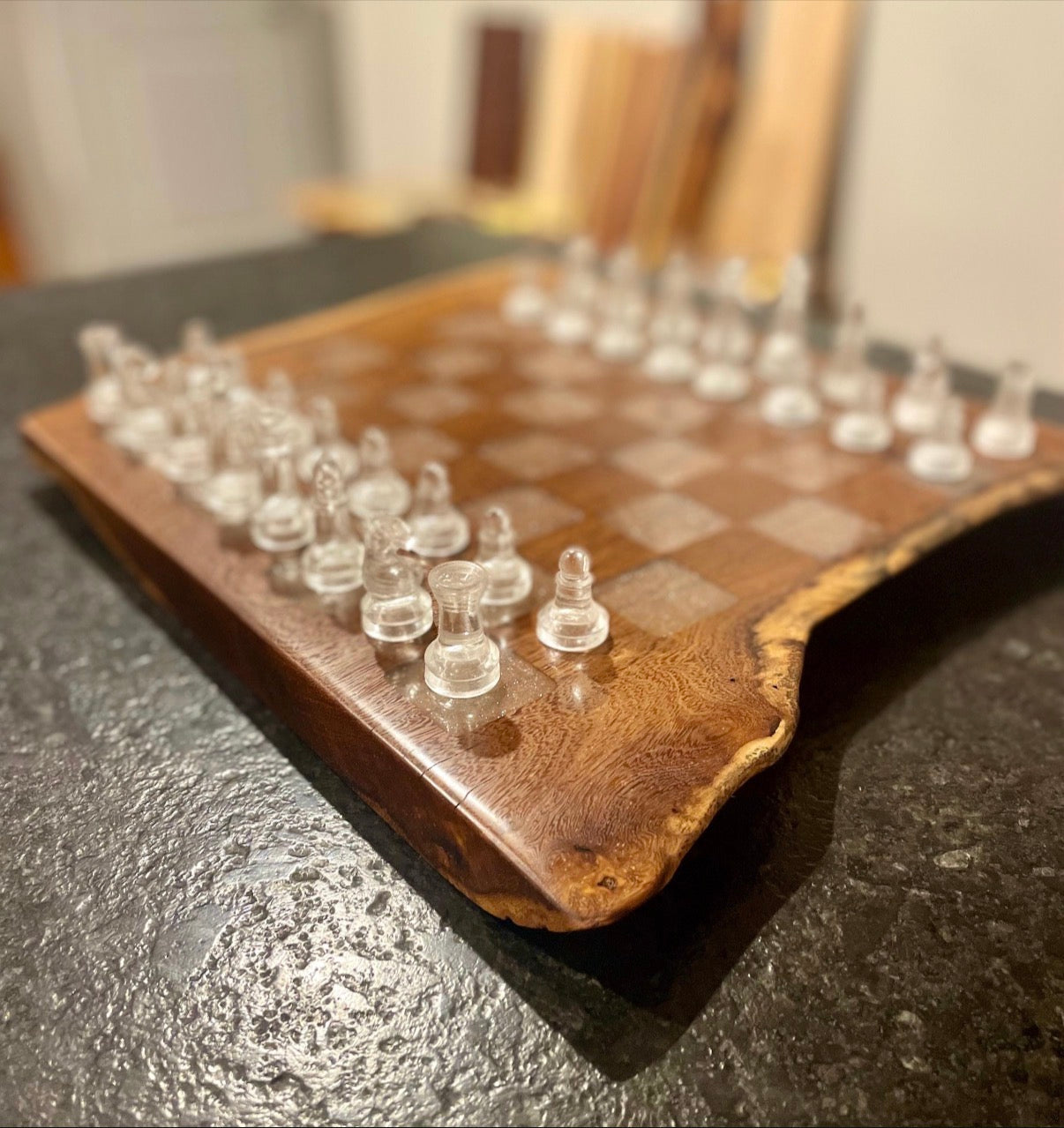 Unique Handmade Cocobolo Wood Epoxy Chessboard - Exotic Game Room Decor