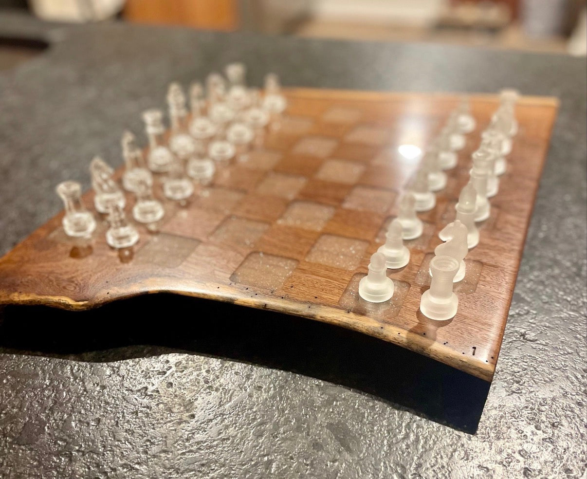 Unique Handmade Cocobolo Wood Epoxy Chessboard - Exotic Game Room Decor