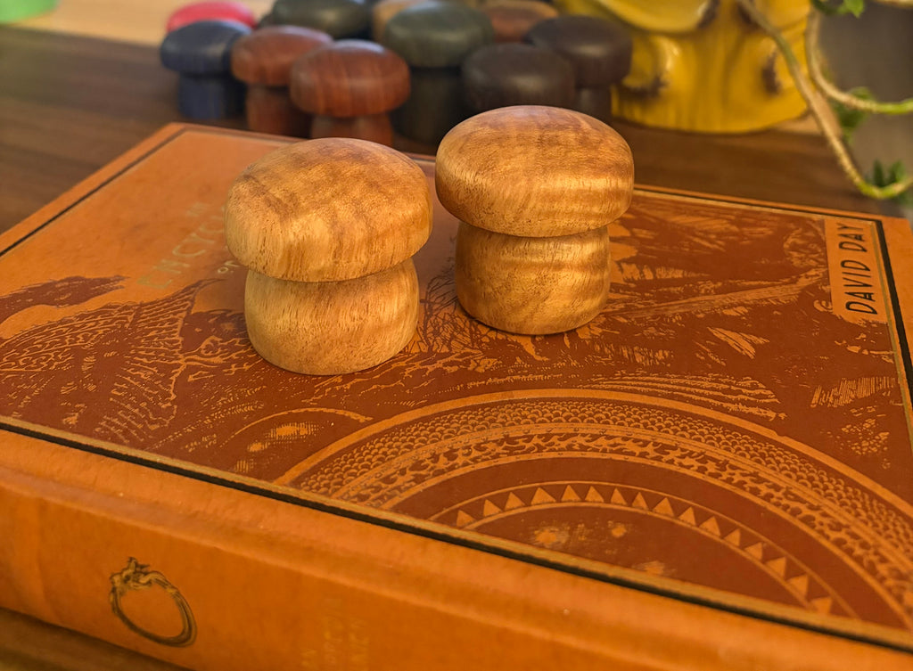 Handcrafted Tiger Maple Wood Mushroom Set | Turned Wooden Mushroom Decor | Natural Woodland Shelf Decor