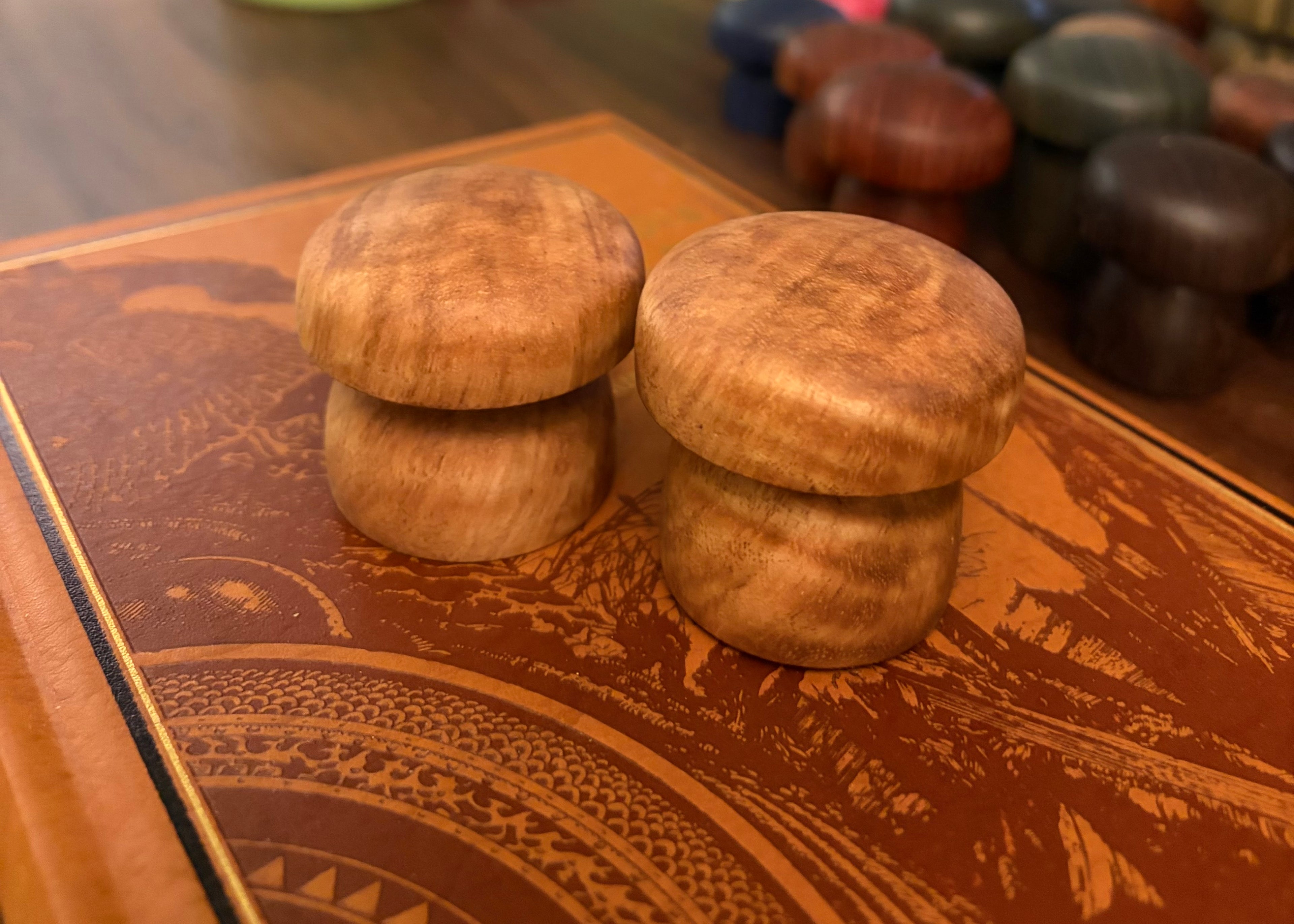 Handcrafted Tiger Maple Wood Mushroom Set | Turned Wooden Mushroom Decor | Natural Woodland Shelf Decor