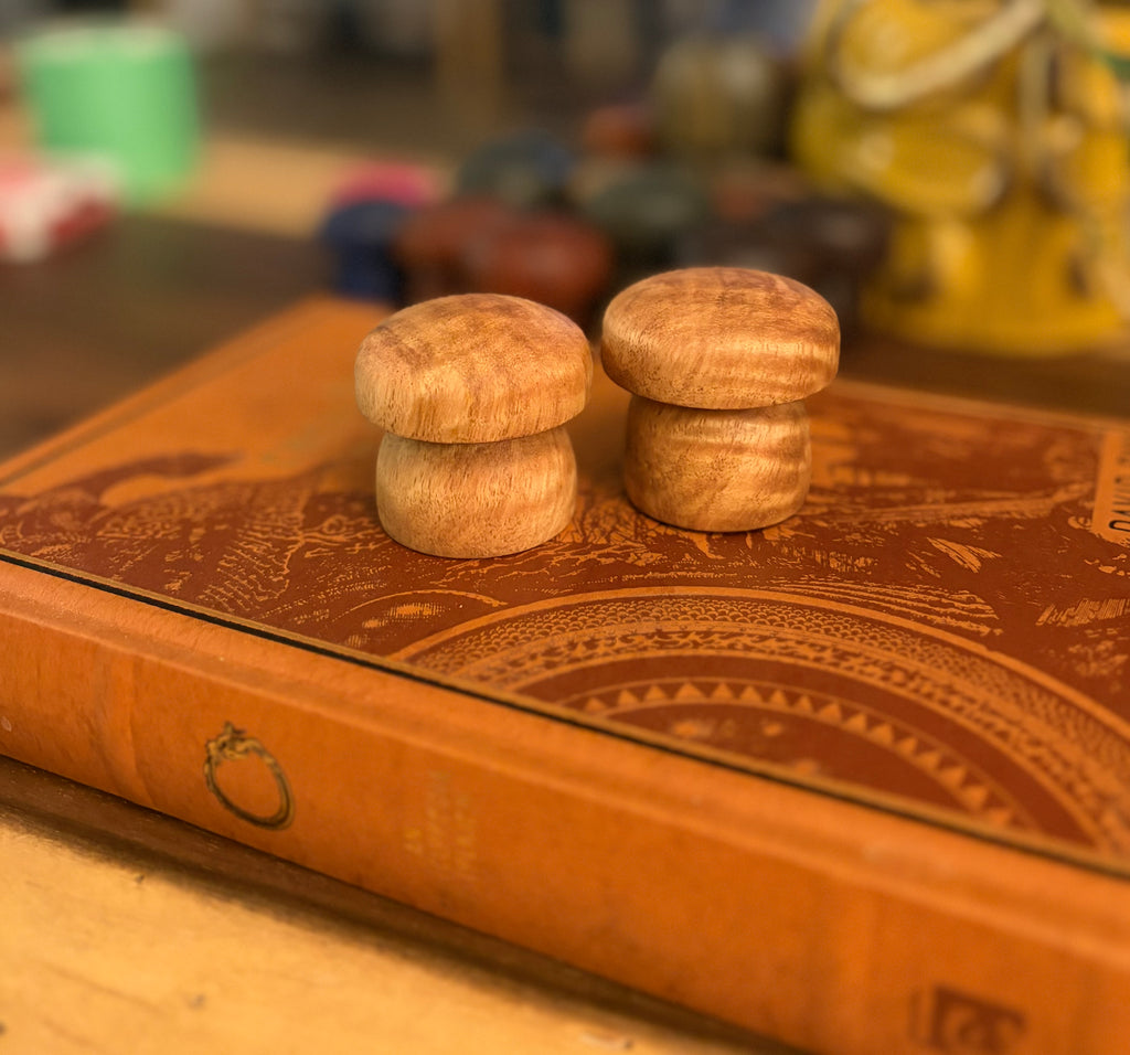 Handcrafted Tiger Maple Wood Mushroom Set | Turned Wooden Mushroom Decor | Natural Woodland Shelf Decor