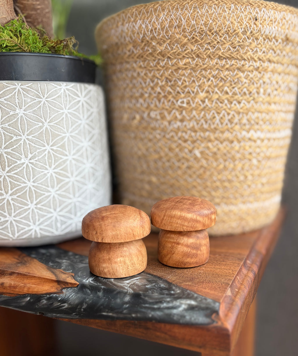 Handcrafted Tiger Maple Wood Mushroom Set | Turned Wooden Mushroom Decor | Natural Woodland Shelf Decor