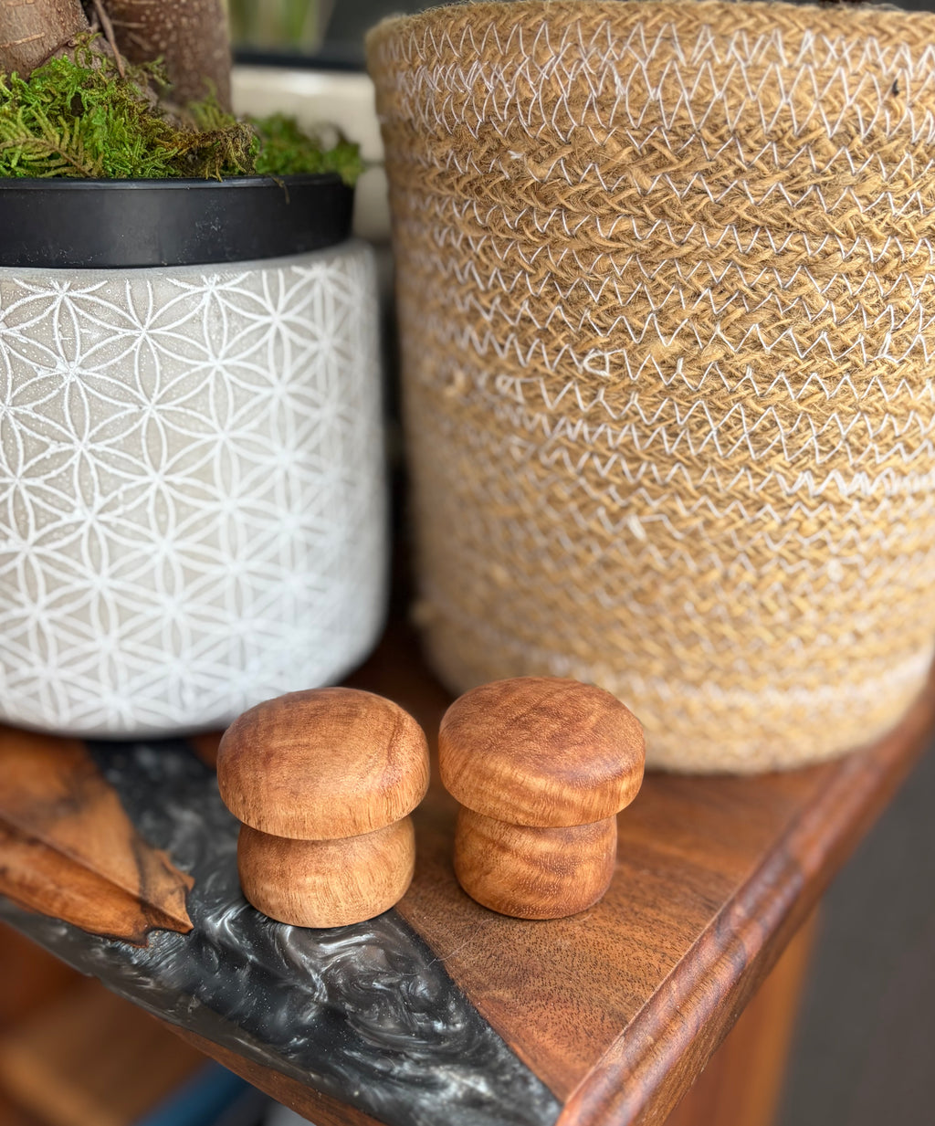 Handcrafted Tiger Maple Wood Mushroom Set | Turned Wooden Mushroom Decor | Natural Woodland Shelf Decor