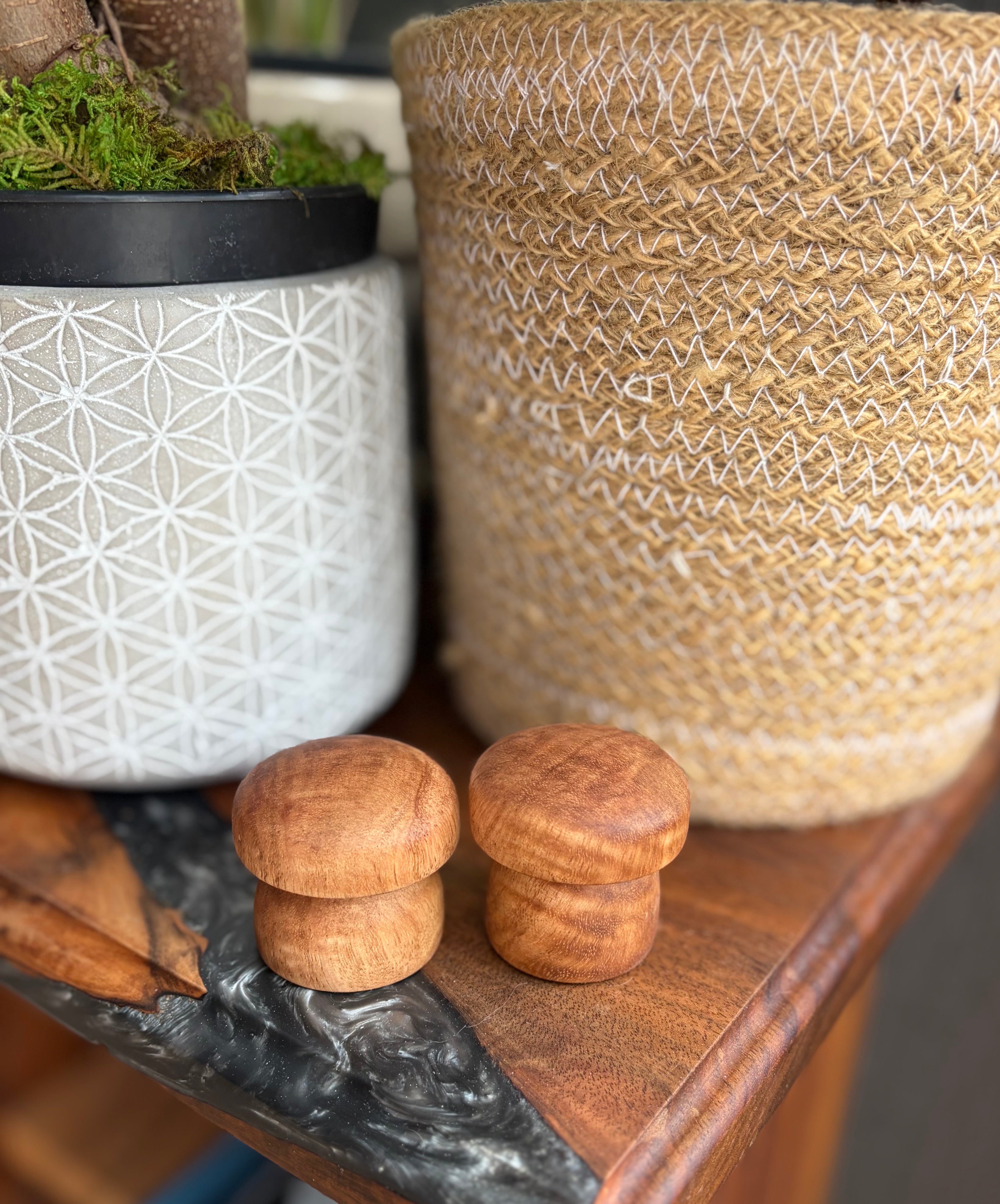 Handcrafted Tiger Maple Wood Mushroom Set | Turned Wooden Mushroom Decor | Natural Woodland Shelf Decor