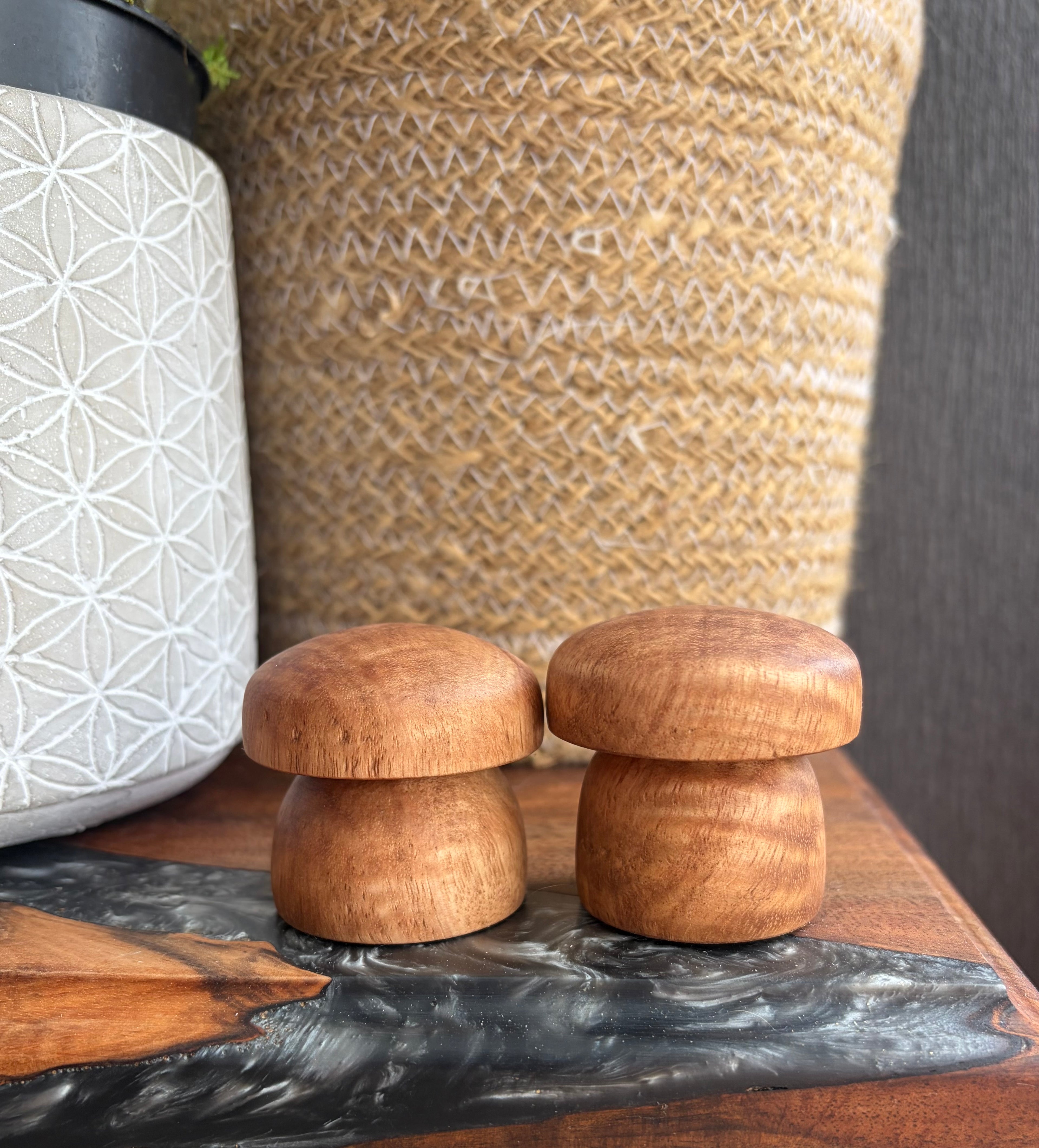 Handcrafted Tiger Maple Wood Mushroom Set | Turned Wooden Mushroom Decor | Natural Woodland Shelf Decor