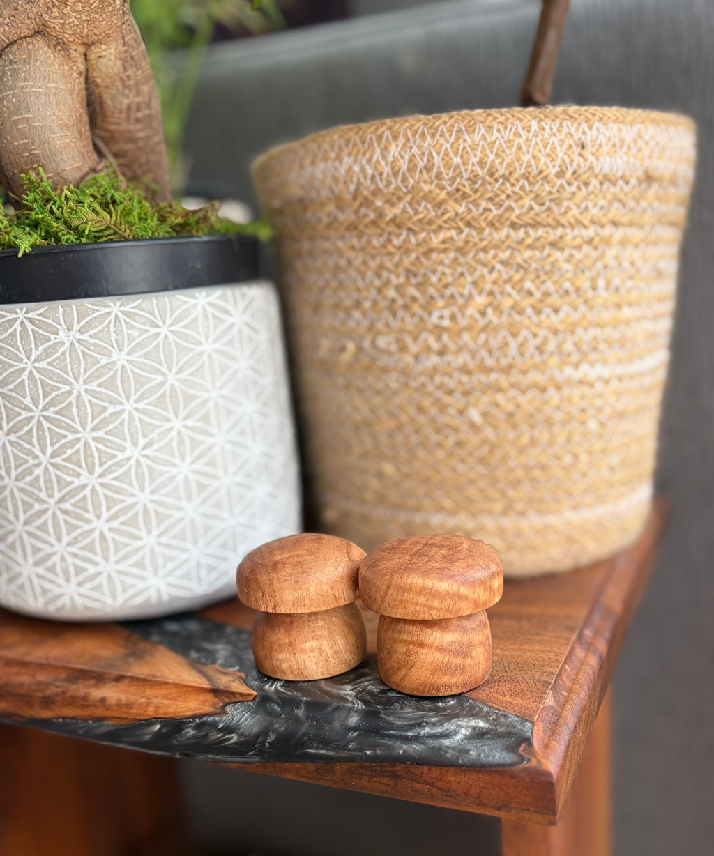 Handcrafted Tiger Maple Wood Mushroom Set | Turned Wooden Mushroom Decor | Natural Woodland Shelf Decor