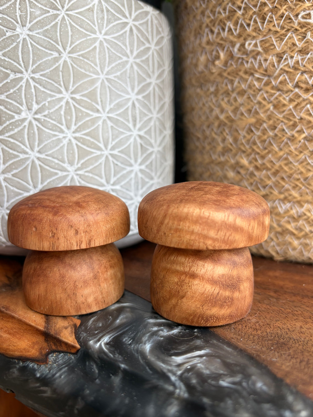 Handcrafted Tiger Maple Wood Mushroom Set | Turned Wooden Mushroom Decor | Natural Woodland Shelf Decor