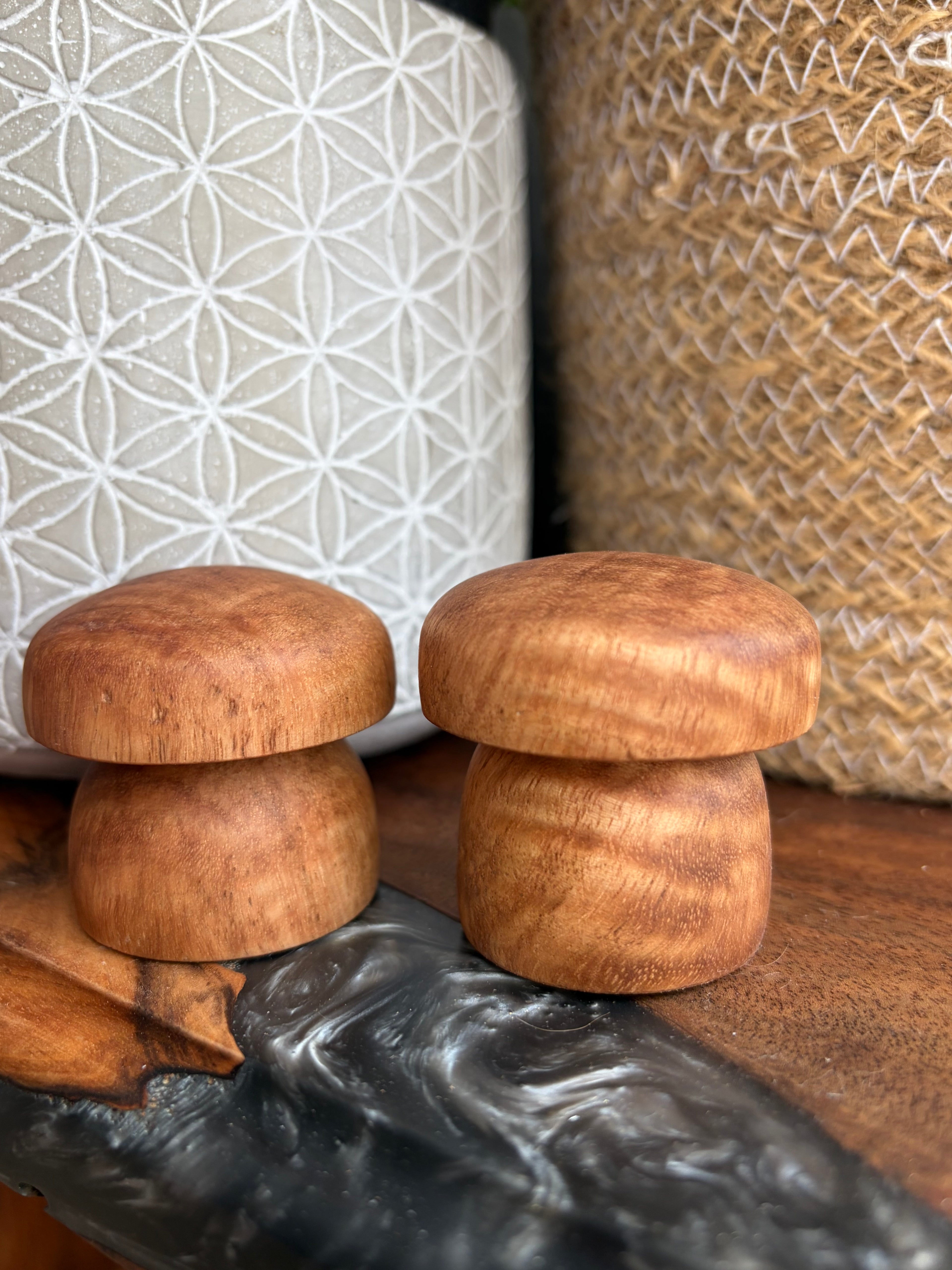 Handcrafted Tiger Maple Wood Mushroom Set | Turned Wooden Mushroom Decor | Natural Woodland Shelf Decor